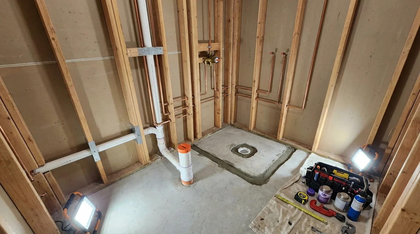 Bathroom rough-in plumbing during remodel by Johns Plumbing LLC in Grand Bay