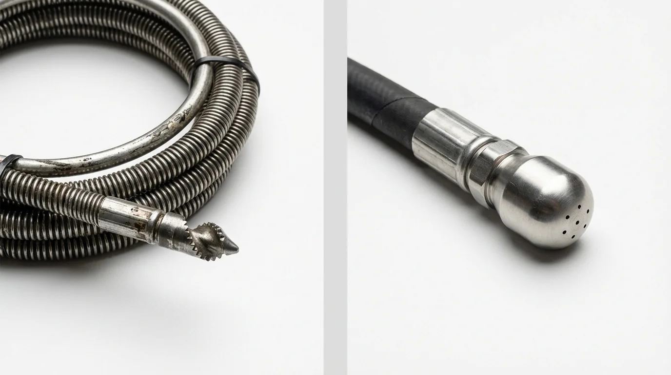 Drain snake cable and hydro jetting nozzle used for drain cleaning in Grand Bay, AL