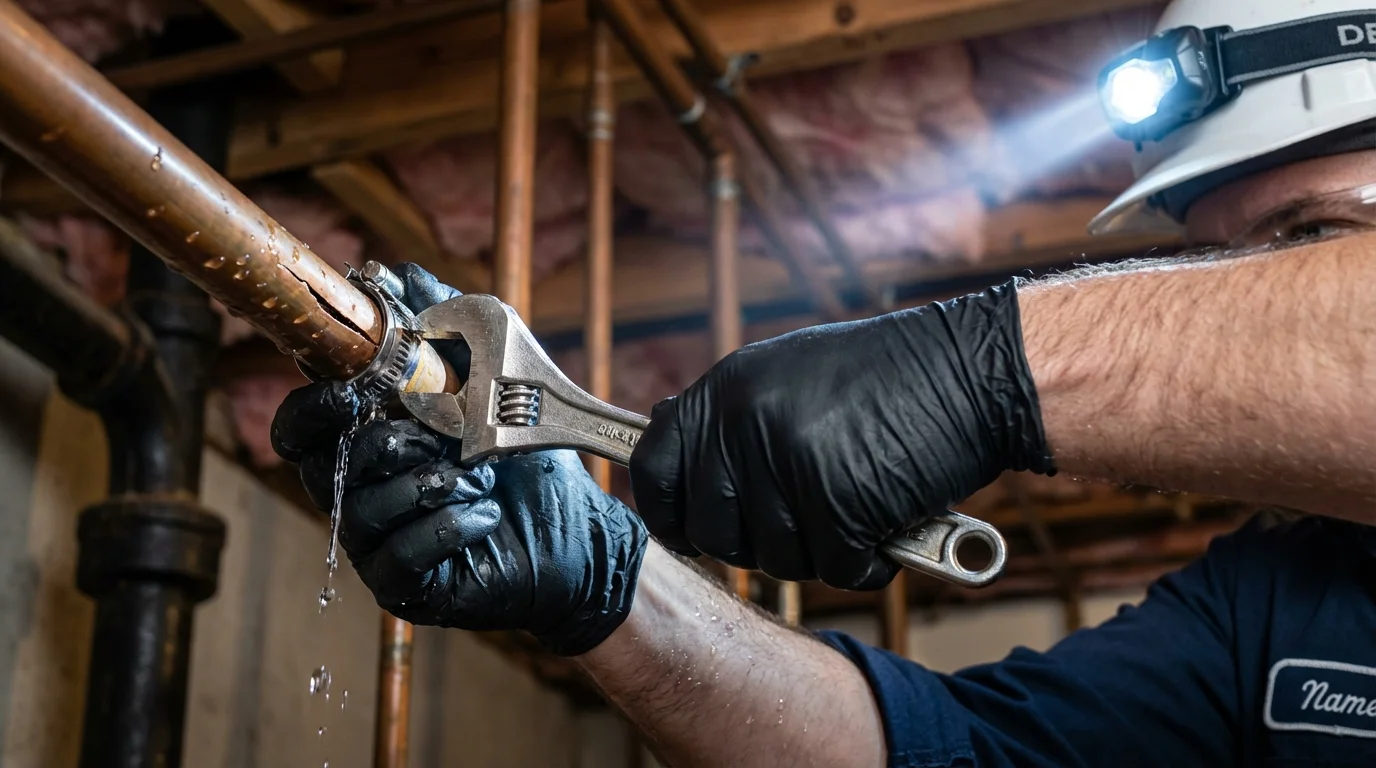 Emergency pipe clamp repair being performed by a Johns Plumbing LLC plumber in Grand Bay