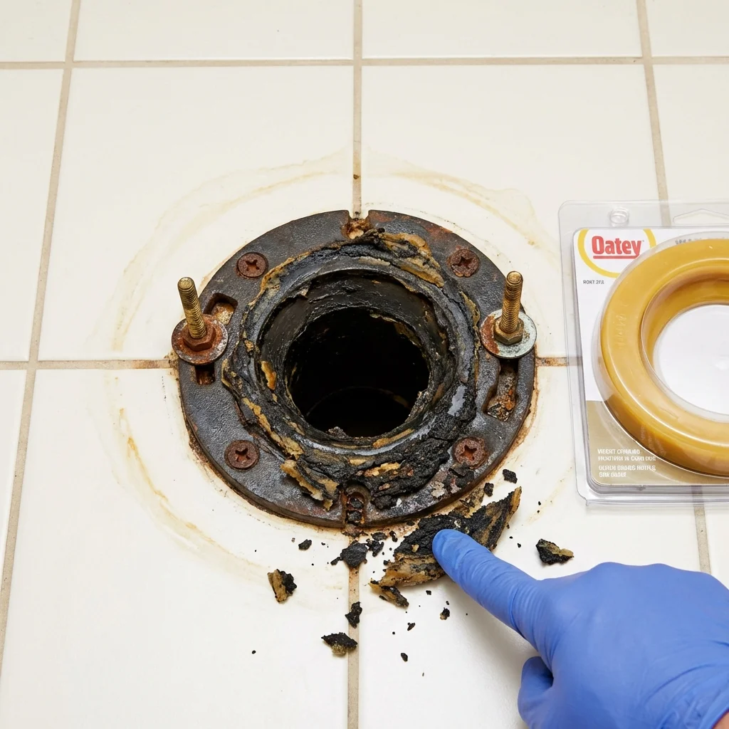 Failed wax ring showing water seepage at the base of a toilet in a Grand Bay, AL home