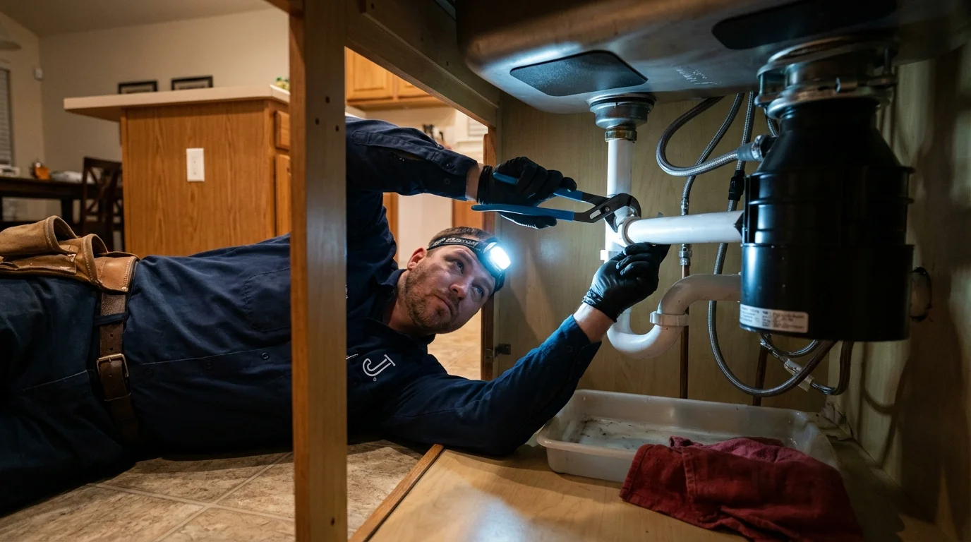 P-trap and supply line connections under a kitchen sink showing a common leak point in Grand Bay, AL